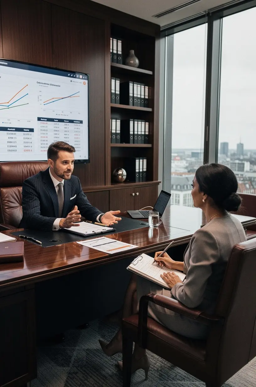 Berater erklärt Unternehmensleiter detaillierte Corporate-Finance-Strategien mit Grafiken und Diagrammen auf großem Bildschirm